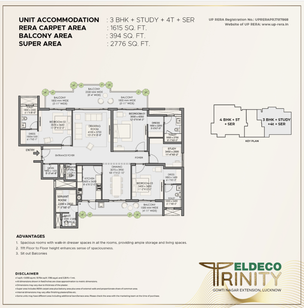 3 BHK + Study + 4T + SER