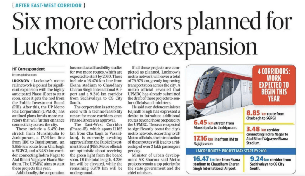 State Capital Region (SCR) Six more corridors planned for Lucknow Metro Expansion