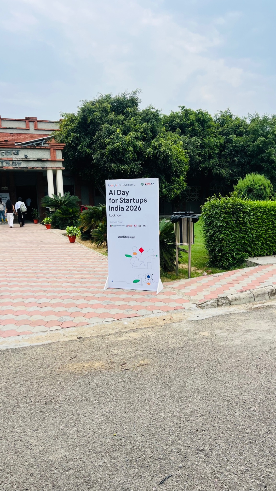 AI Day for Startups India 2026 event signage at IIM Lucknow featuring Google for Developers and startup ecosystem partners
