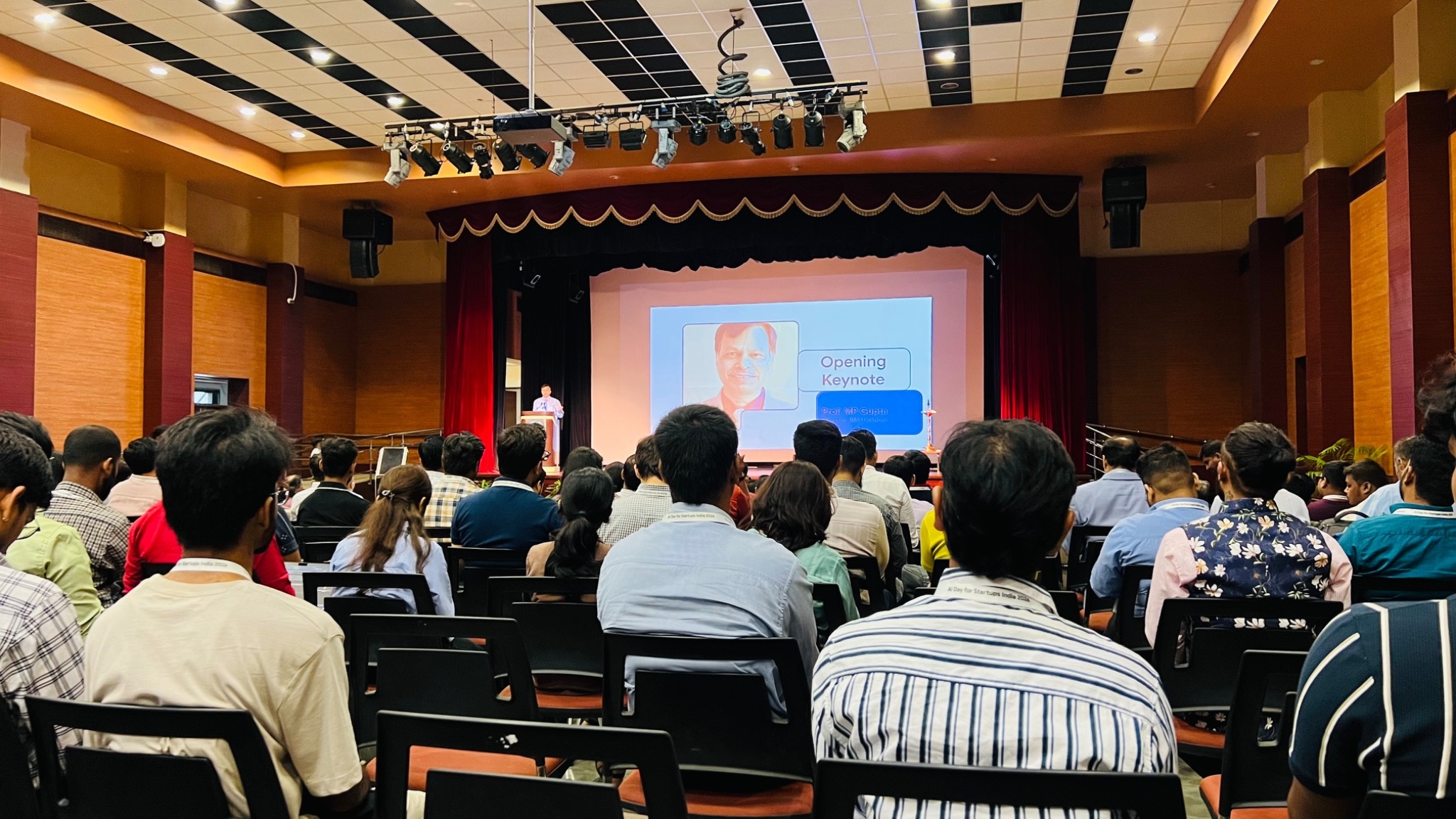 Opening keynote session at AI Day for Startups India 2026 hosted at IIM Lucknow with startup founders and innovators